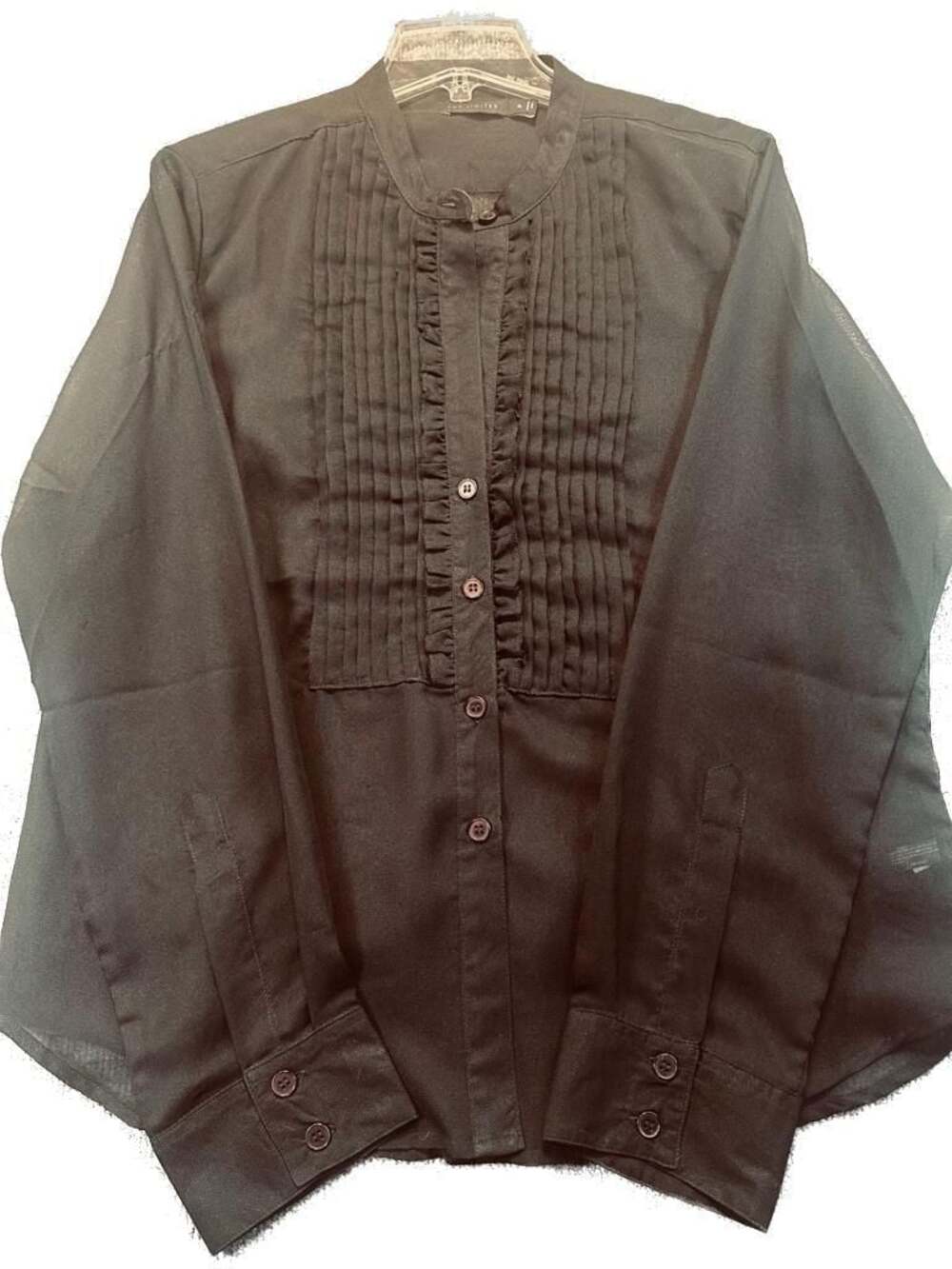 Y2K The Limited Women's Black Sheer Long Sleeve Button-Down Tuxedo Ruffle Goth